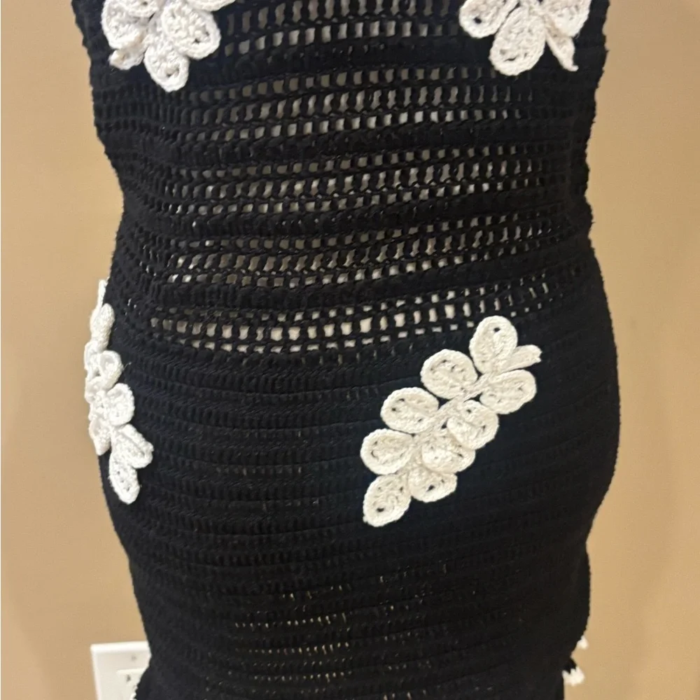 PatBI Black Crochet Halter Mini Dress with White Floral Appliqués - Picture 9 of 12